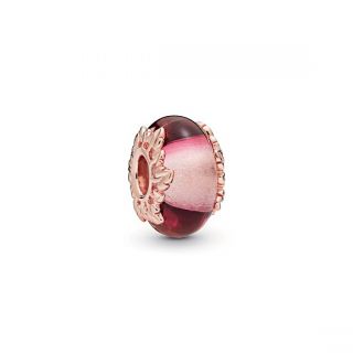 Pink Murano Glass & Leaves Charm - Pandora Rose